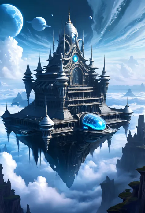 (translucent ethereal alien warrior:1.5)，above the clouds，interstellar voyage，huge high-tech floating medieval ancient palace，ab...