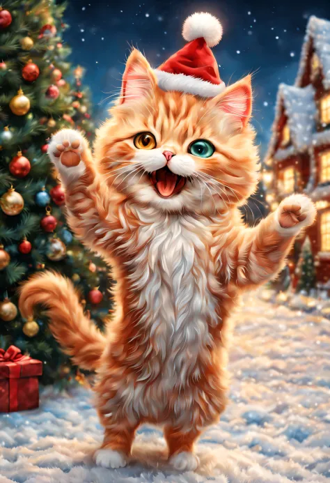 (dancing minuet),dance,Opening Mouth,Christmas Town,,cute little,​masterpiece,top-quality,Fluffy cat,Christmas Town,illuminations,Christmas tree,Santa's Hat,cute little,F,A delightful,tre anatomically correct,,photoRealstic,Cats,minuet,odd eye