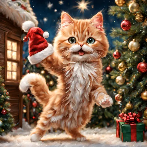 (dancing minuet),dance,jumpping,Christmas Town,,cute little,​masterpiece,top-quality,Fluffy cat,Christmas Town,illuminations,Christmas tree,Santa's Hat,cute little,F,A delightful,tre anatomically correct,,photoRealstic,Cats,minuet,odd eye