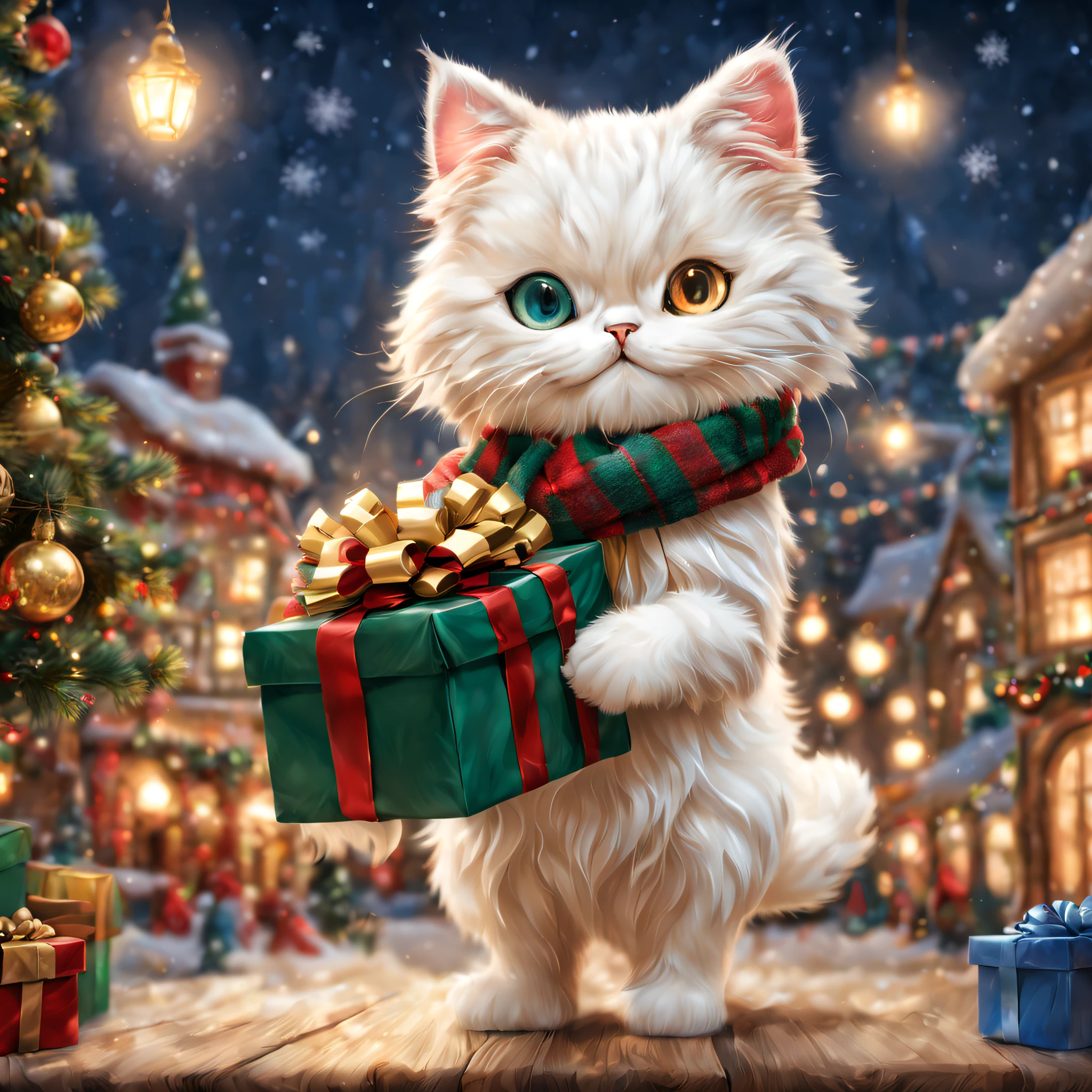 (Menuett mit Schal),eine geschenkbox in der hand halten,Weihnachtsstadt,tanzen,Springen,niedliche kleine,Meisterwerk,Top Qualität,flauschige Katze,Weihnachtsstadt,Beleuchtungen,Weihnachtsbaum,Weihnachtsmütze,niedliche kleine,F,Ein herrliches,tre anatomisch korrekt,,photoRealstic,Katzen,Menuett,seltsames Auge