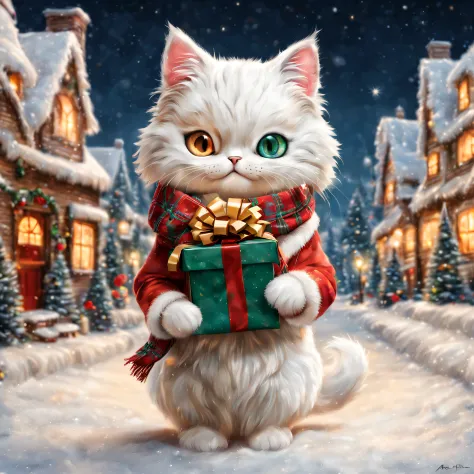 (Minuet with a scarf),holding a gift box in hand,Christmas Town,Winter coat,cute little,​masterpiece,top-quality,Fluffy cat,Christmas Town,illuminations,Christmas tree,Santa's Hat,cute little,F,A delightful,tre anatomically correct,,photoRealstic,Cats,minu...
