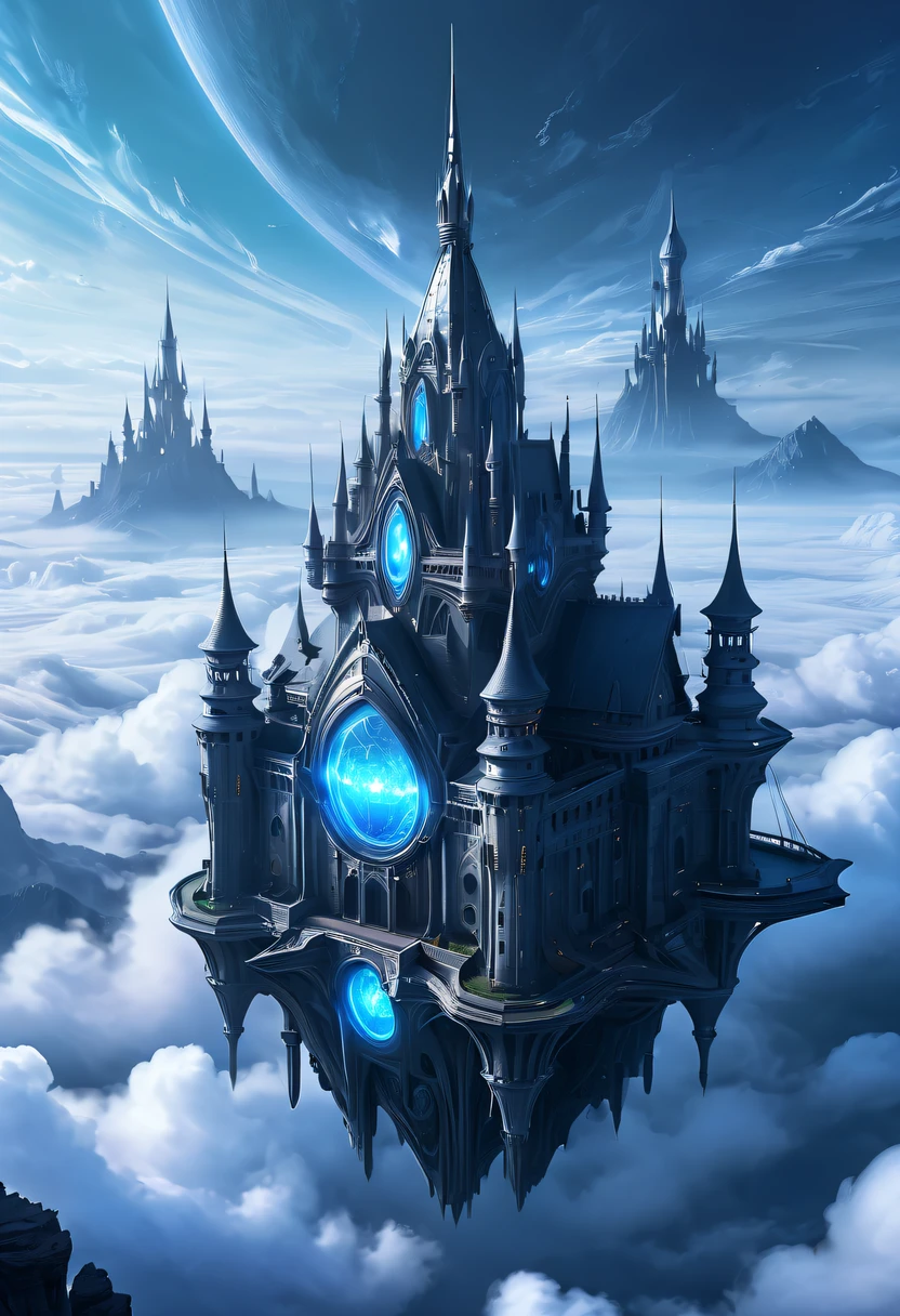(半透明空灵的外星战士:1.5)，在云层之上，星际航行，巨大的高科技漂浮哥特式城堡，在云层之上，巨大的移动哥特式城堡，漂浮的哥特式城堡，(云海:1.3)，未来派外星战士未来派漂浮城堡和未来派漂浮城堡背景, 灵感来自马雷克·奥康, 美丽的科幻艺术, 科幻数字艺术插图, 数字赛博朋克艺术, 科幻数字绘画, 未来派数字绘画, 未来主义概念艺术, 前方科幻漂浮城堡景观, 科幻数字艺术, 高级数字赛博朋克艺术, 惊人的赛博朋克外星战士