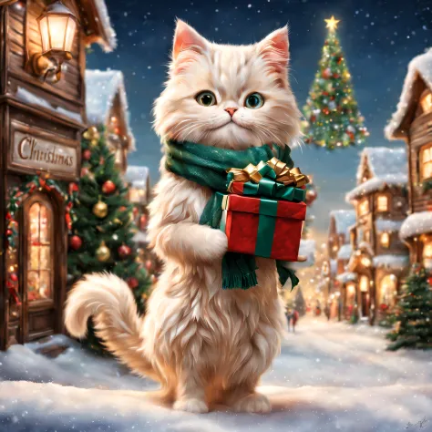 (Minuet with a scarf),holding a gift box in hand,Christmas Town,is standing,,​masterpiece,top-quality,Fluffy cat,Christmas Town,illuminations,Christmas tree,Santa's Hat,cute little,F,A delightful,tre anatomically correct,,photoRealstic,,minuet