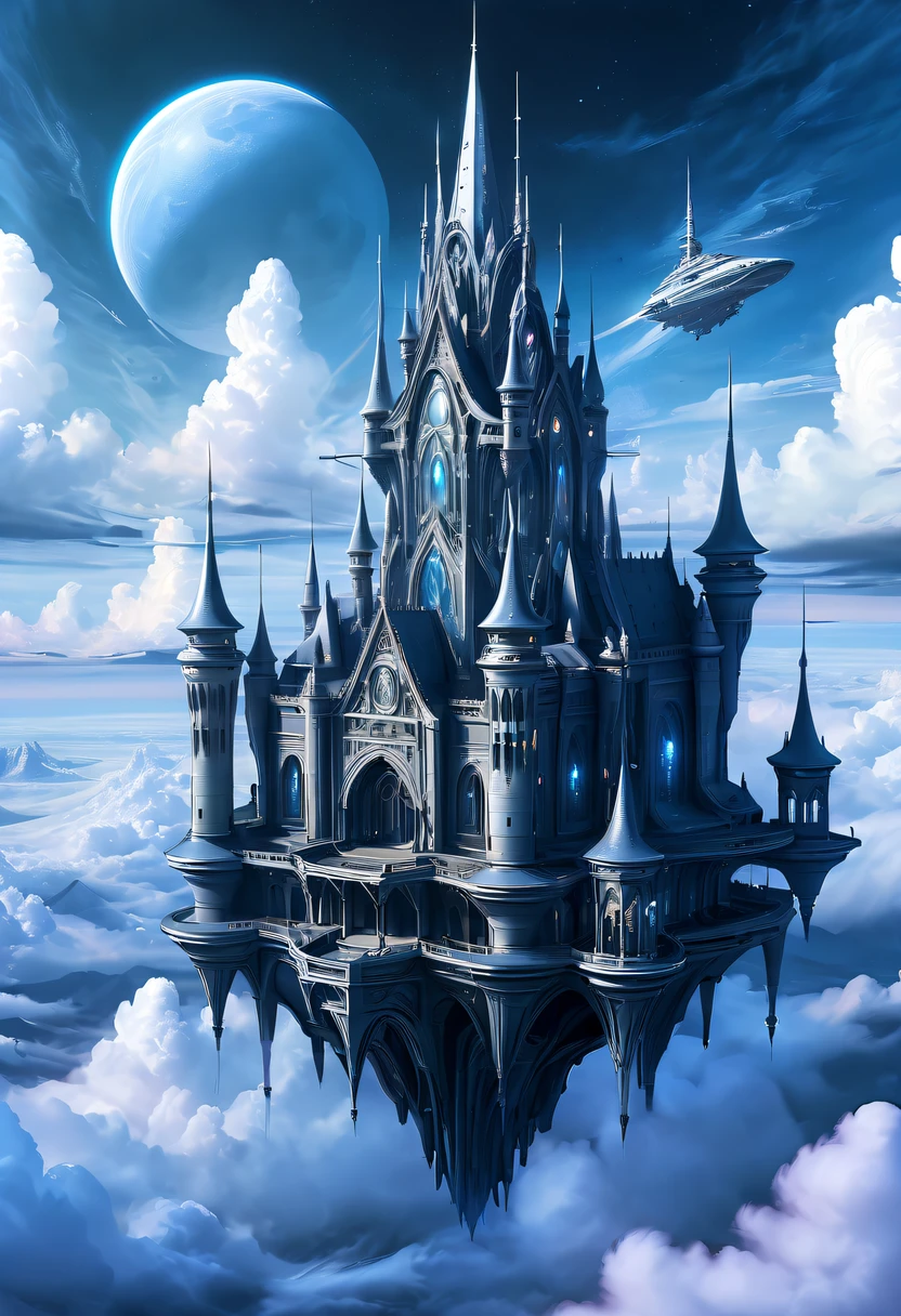 (半透明空灵的外星战士:1.5)，在云层之上，星际航行，巨大的高科技漂浮哥特式城堡，在云层之上，巨大的移动哥特式城堡，漂浮的哥特式城堡，(云海:1.3)，具有未来派未来派浮动城堡背景的未来派女性未来派浮动城堡, 灵感来自马雷克·奥康, 美丽的科幻艺术, 科幻数字艺术插图, 数字赛博朋克艺术, 科幻数字绘画, 未来派数字绘画, 未来主义概念艺术, 前方科幻漂浮城堡景观, 科幻数字艺术, 高级数字赛博朋克艺术, 梦幻的赛博朋克女孩