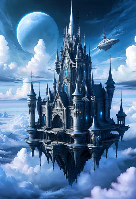 (Translucent ethereal alien warrior:1.5)，Above the clouds，Interstellar voyage，Huge high-tech floating Gothic castle，Above the cl...