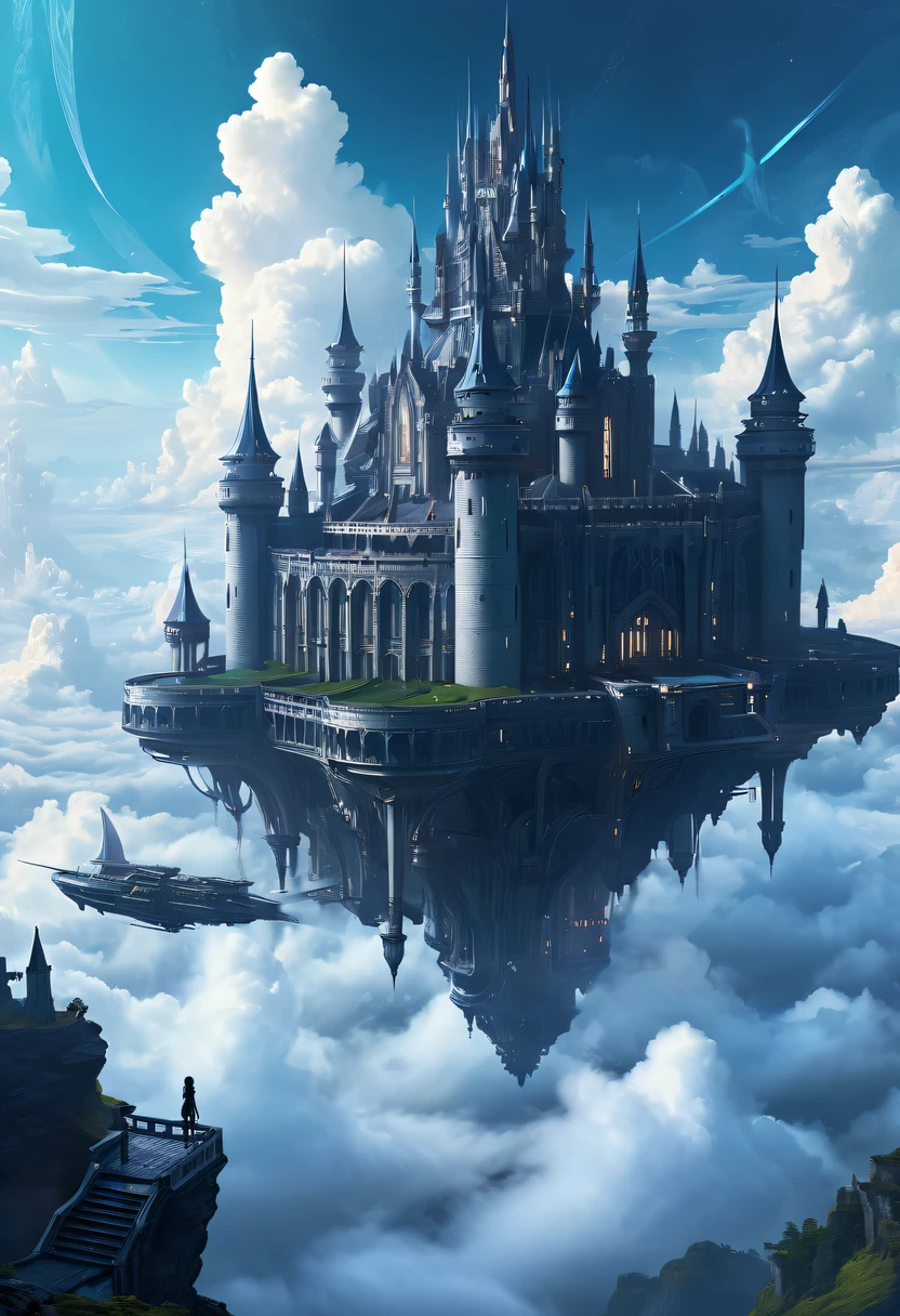 在云层之上，星际航行，巨大的高科技漂浮哥特式城堡，在云层之上，巨大的移动哥特式城堡，漂浮的哥特式城堡，(云海:1.3)，具有未来派未来派浮动城堡背景的未来派女性未来派浮动城堡, 灵感来自马雷克·奥康, 美丽的科幻艺术, 科幻数字艺术插图, 数字赛博朋克艺术, 科幻数字绘画, 未来派数字绘画, 未来主义概念艺术, 前方科幻漂浮城堡景观, 科幻数字艺术, 高级数字赛博朋克艺术, 梦幻般的赛博朋克女孩