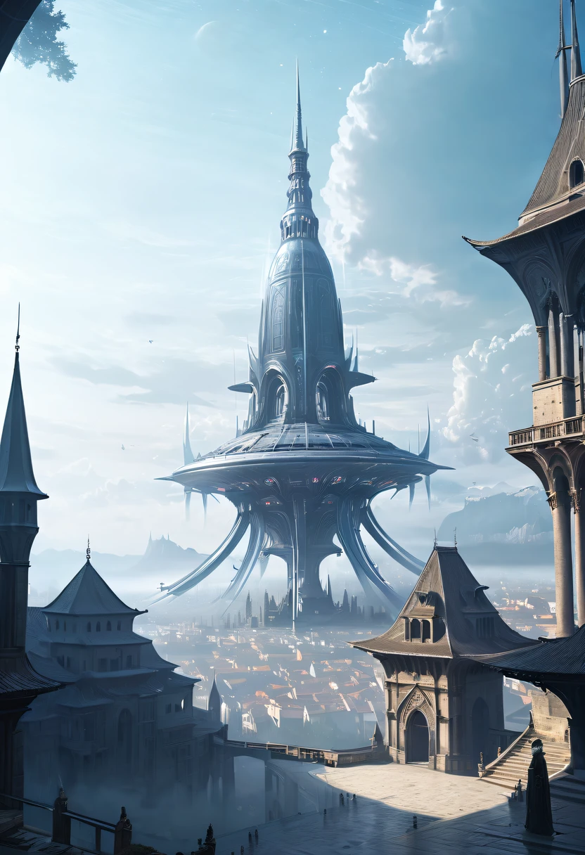 Translucent ethereal alien warrior,Medieval alien spaceship,Spectacular high-tech space landscape,Medieval city of futuristic technology,Medieval ancient palace,Medieval ancient bell tower,