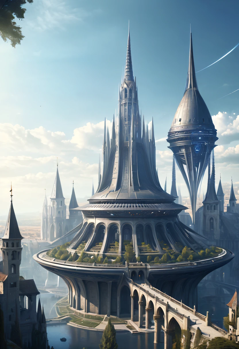 Medieval alien spaceship,Spectacular high-tech space landscape,Medieval city of futuristic technology,Medieval ancient palace,Medieval ancient bell tower,Medieval alien spaceship