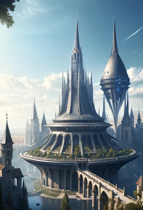 Medieval alien spaceship,Spectacular high-tech space landscape,Medieval city of futuristic technology,Medieval ancient palace,Me...