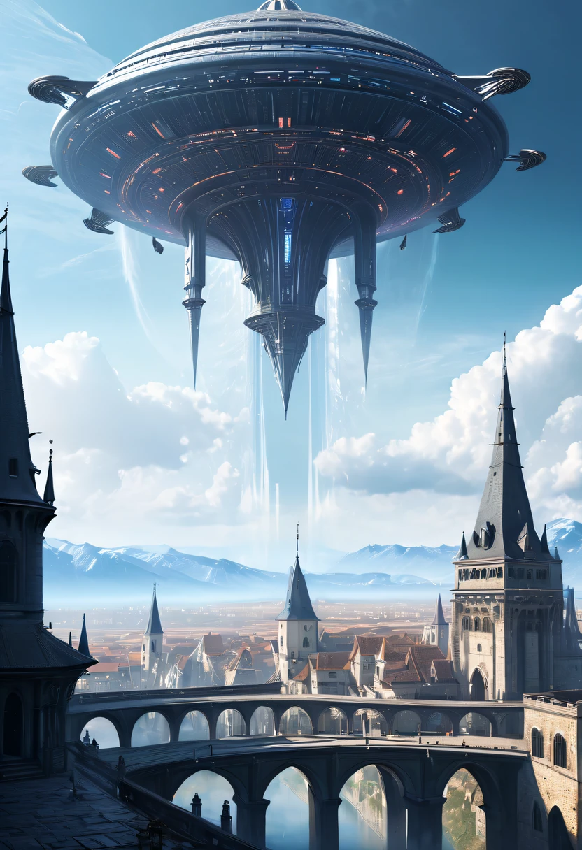 中世のエイリアン宇宙船,壮大なハイテク宇宙風景,未来技術の中世都市,中世の古代宮殿,中世の古い鐘楼,中世のエイリアン宇宙船