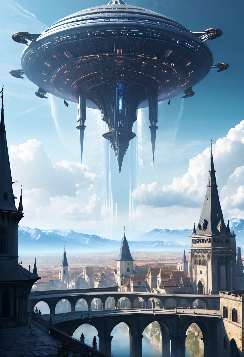 Medieval alien spaceship,Spectacular high-tech space landscape,Medieval city of futuristic technology,Medieval ancient palace,Medieval ancient bell tower,Medieval alien spaceship