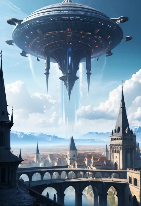 Medieval alien spaceship,Spectacular high-tech space landscape,Medieval city of futuristic technology,Medieval ancient palace,Me...