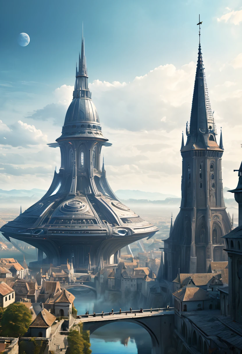 Medieval alien spaceship,Spectacular high-tech space landscape,Medieval city of futuristic technology,Medieval ancient palace,Medieval ancient bell tower,Medieval alien spaceship