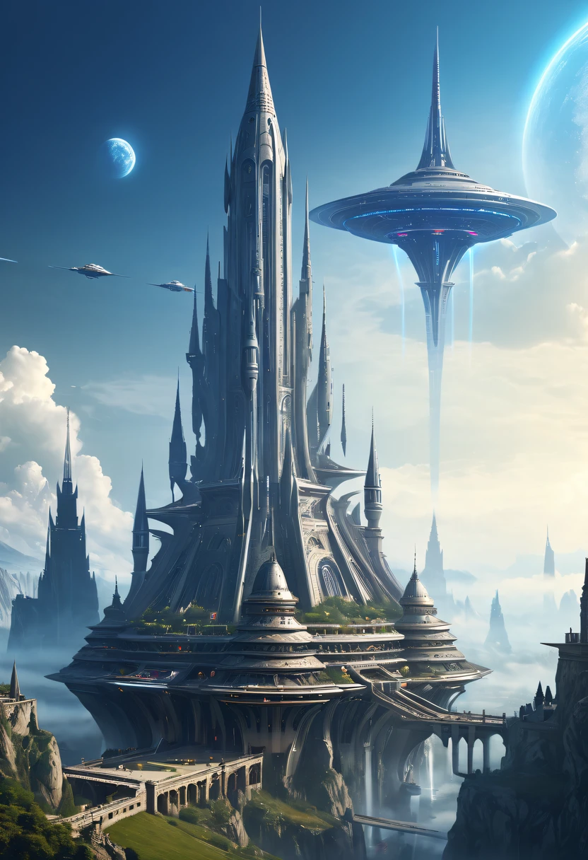 Spectacular high-tech space landscape,The integration of future technology and medieval cities,Medieval ancient palace,Medieval ancient bell tower,Medieval alien spaceship