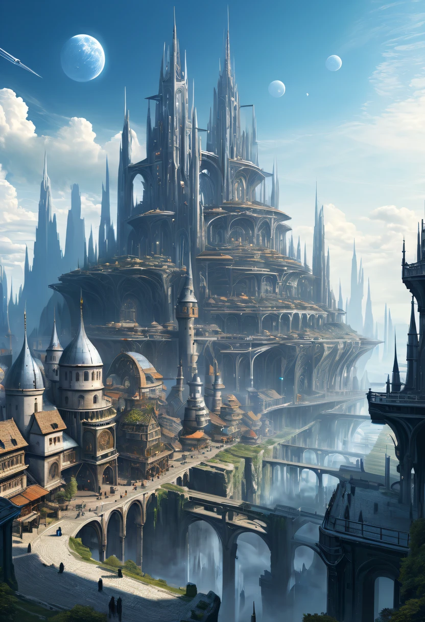 壮大なハイテク宇宙風景,未来のテクノロジーと中世の融合，ハイテク要素が満載の中世都市
