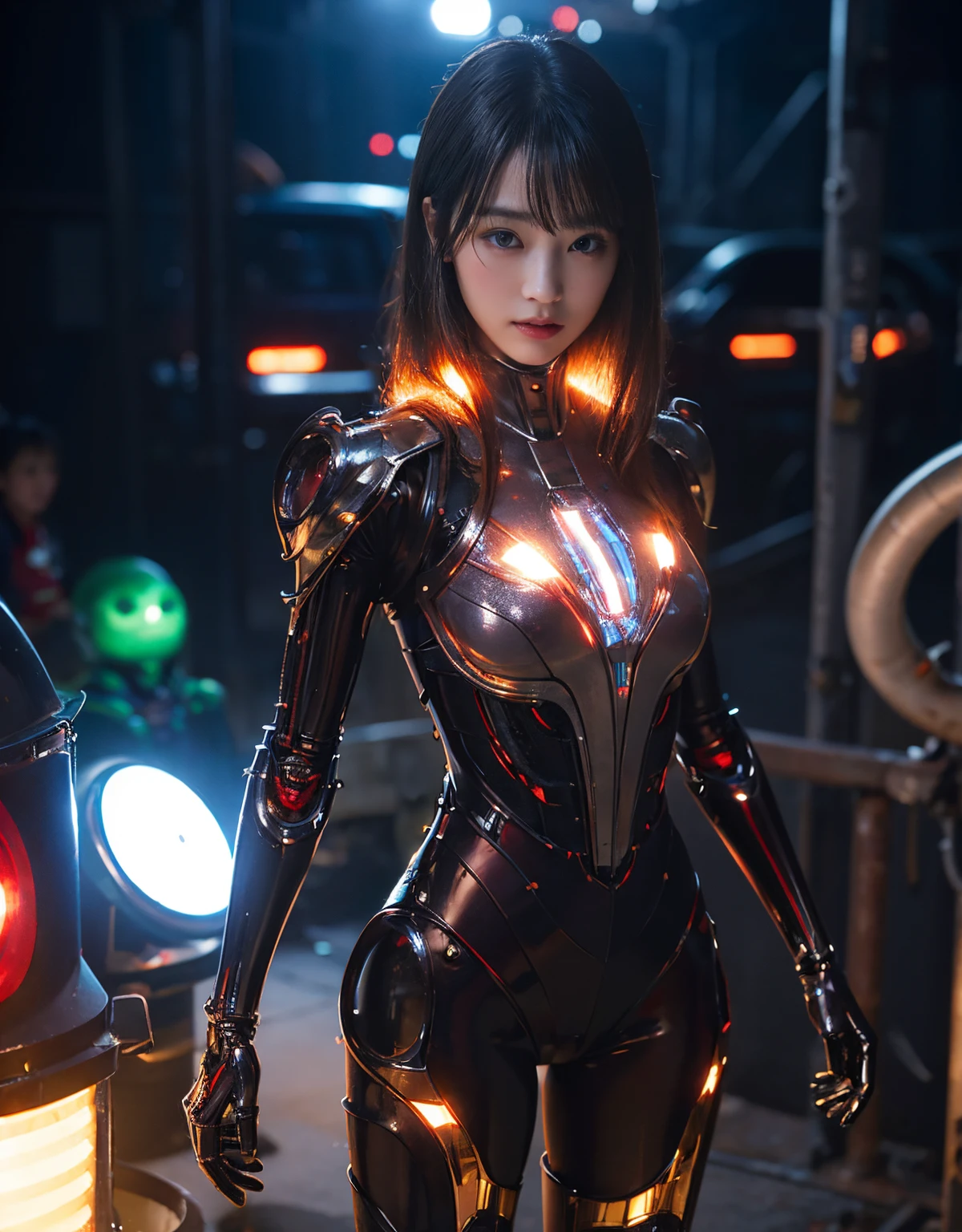 (1 mechanical girl and 1 alien)、（Mystical expression）、top-quality、​masterpiece、超A high resolution、(Photorealsitic:1.4)、Raw photo、女の子1人、glowy skin、(((1 Mechanical Girl)))、((transparent crystal suit bodysuit、The body can see through)).(Natural alien background to fight aliens)、(Small LED)、((super realistic details))、vertical giant monster background),globalillumination、Shadow、octan render、8K、ultrasharp、Robot background、Colossal 、Raw skin exposed in the cleavage、red metal、Details of complex ornaments、Japan details、highly intricate detail、Realistic light、(Mystical expression),CG Society Trenlow Eyes、Eyes shining towards the camera、Mechanical marginal blood vessels connected to neon detail tubes)、(Wires and cables connecting to the head)、Small LED、,Mechanical thighs、Toostock、（Hands are also made of machines）、、future alien、Please wear a mechanical helmet、