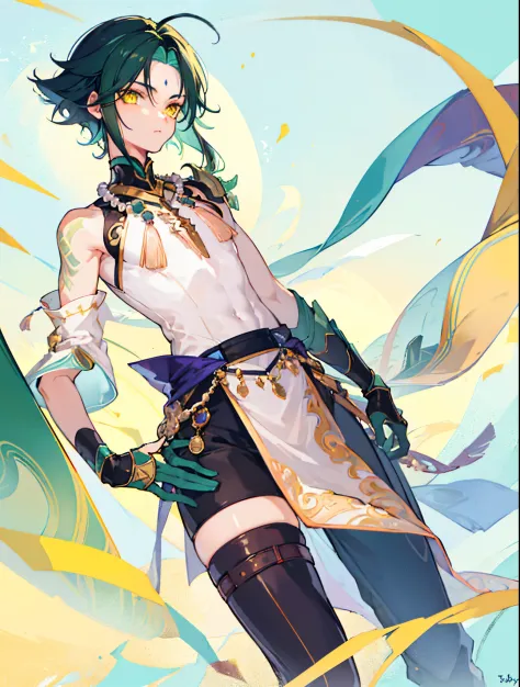 1boy, Tall stature, Very tall stature, dark green hair,Best Quality,Masterpiece,Extremely,Yellow eyes,male focus,Beautiful eyes, cameltoe，flat chest