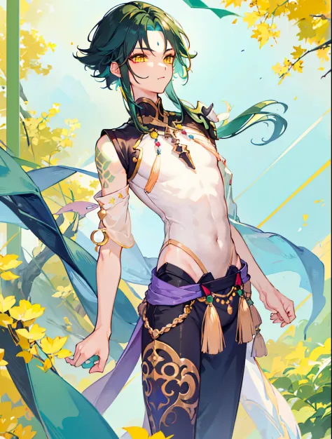 1boy, Tall stature, Very tall stature, dark green hair,Best Quality,Masterpiece,Extremely,Yellow eyes,male focus,Beautiful eyes, cameltoe，flat chest