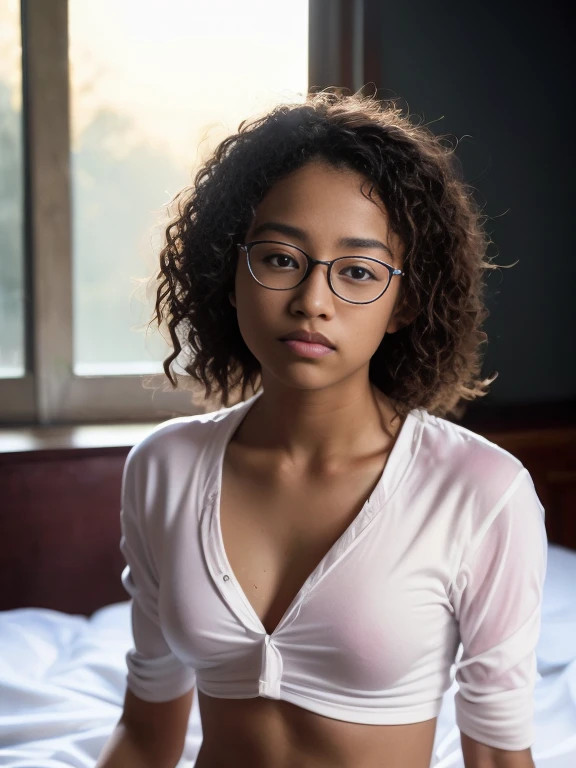 Portrait of a cute 15-year-old teenage girl with a perfect, beautiful face, mix Chinese Malay, in panties, in bed (dark private study, dark, atmospheric light: 1.2) white shirt, glasses, medium curly hair, dark brown skin tone, translucent bra, nipple shape, sweaty, wet shirt, not wearing bra, sporty,