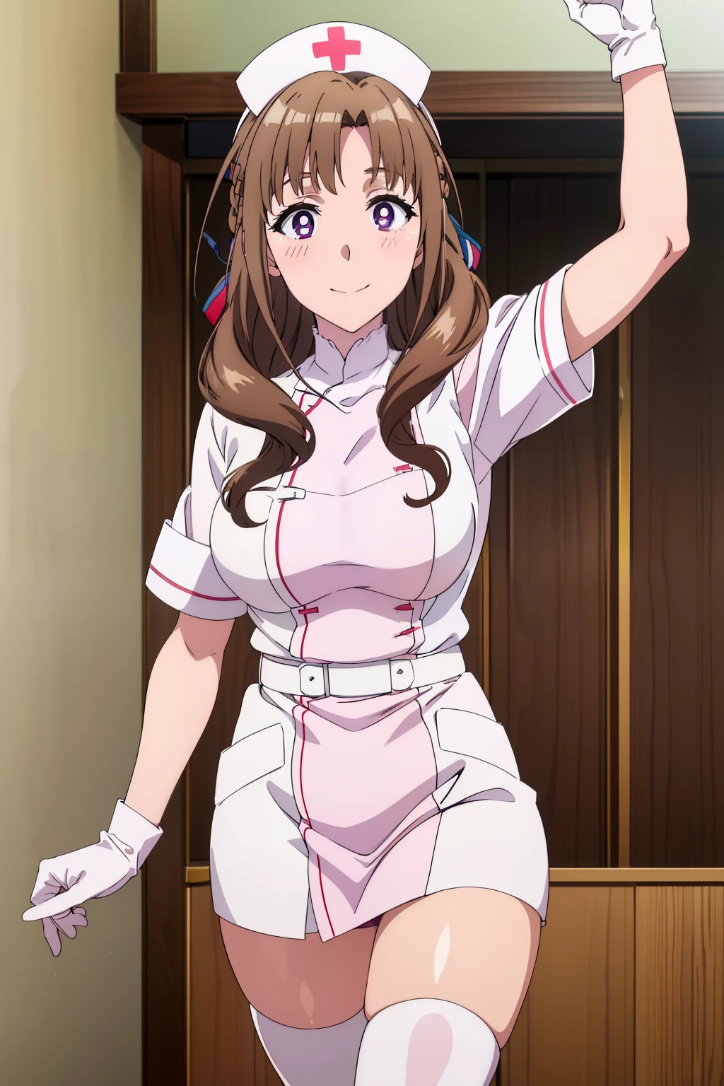 mamako_oosuki, long hair, brown hair, purple eyes, mature female, large breasts, bright pupils, ribbon, solo, Nurse, ((White nurse cap, White nurse uniform)), ((White legwear, zettai ryouiki)), White Gloves, Smile, Standing, ((Hospital room)), sharp outline, Short sleeves, Best Quality, masutepiece