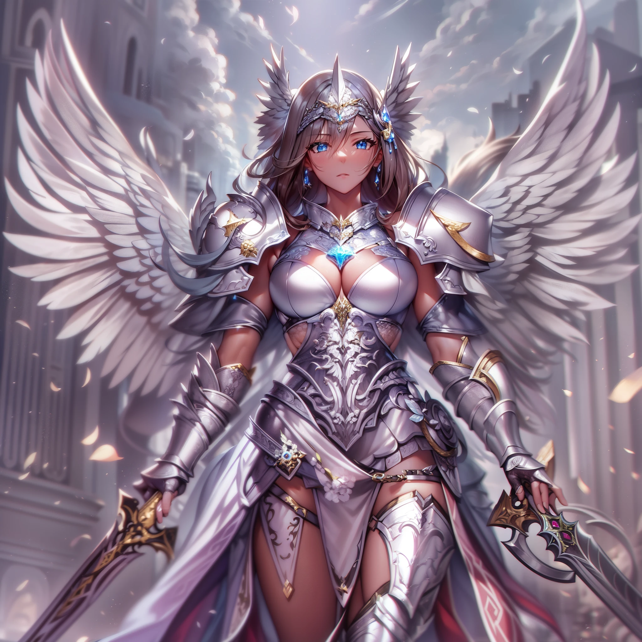 (masterpiece), (best quality), (ultra-detailed), female angelic warrior, silver armor, armored, full body, beautiful, fierce, holding weapons, sword and shield