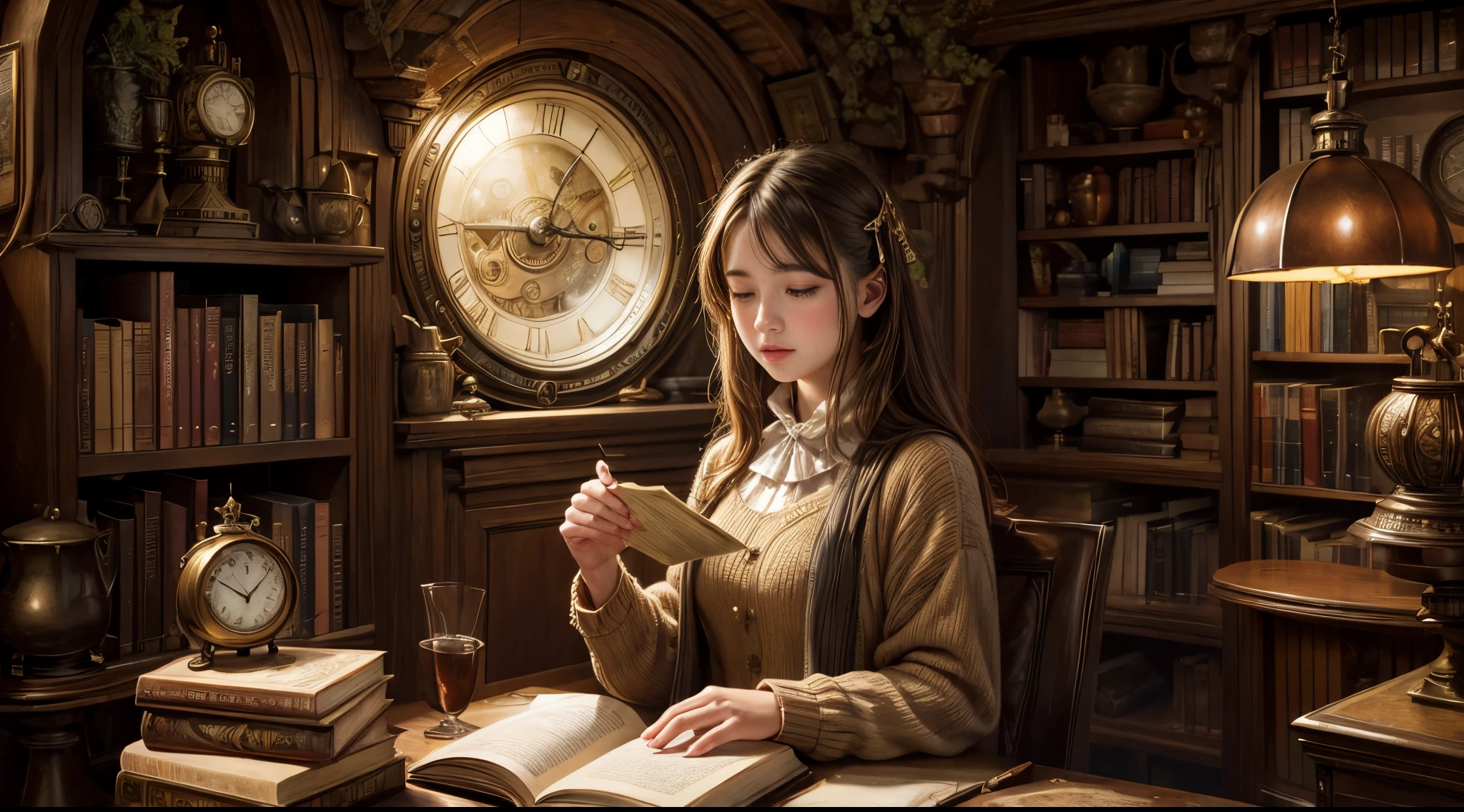 "Fotorealistische Malerei, ((Fesselnd)) Szene mit einem Mädchen, das in die Lektüre vertieft ist, antike Bücher, gemütliche Hobbithöhle, komplizierte Uhr mit beweglichen Zahnrädern, ((nostalgisch)), ausführlich, warm palette"