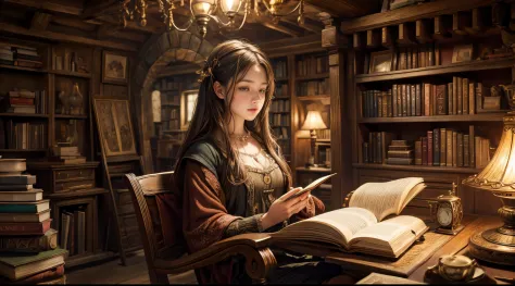 "Photorealistic painting, ((captivating)) scene of a girl absorbed in reading, antique books, cozy hobbit cave, intricate clock ...