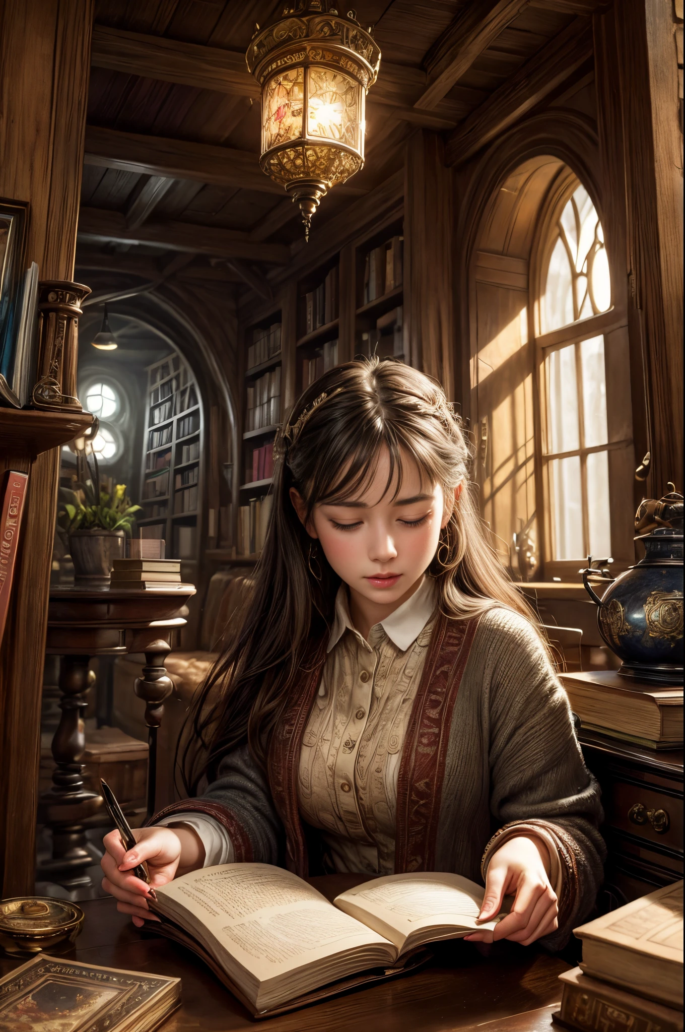 "pintura fotorrealista, ((cautivador)) escena de una niña absorta en la lectura, Libros antiguos, acogedora cueva hobbit, reloj intrincado con engranajes en movimiento, ((nostálgico)), detallado, paleta cálida"