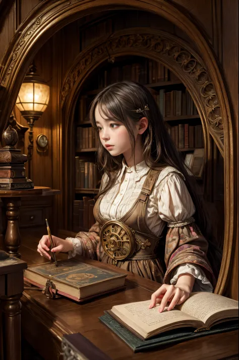 "Photorealistic painting, ((captivating)) scene of a girl absorbed in reading, antique books, cozy hobbit cave, intricate clock ...