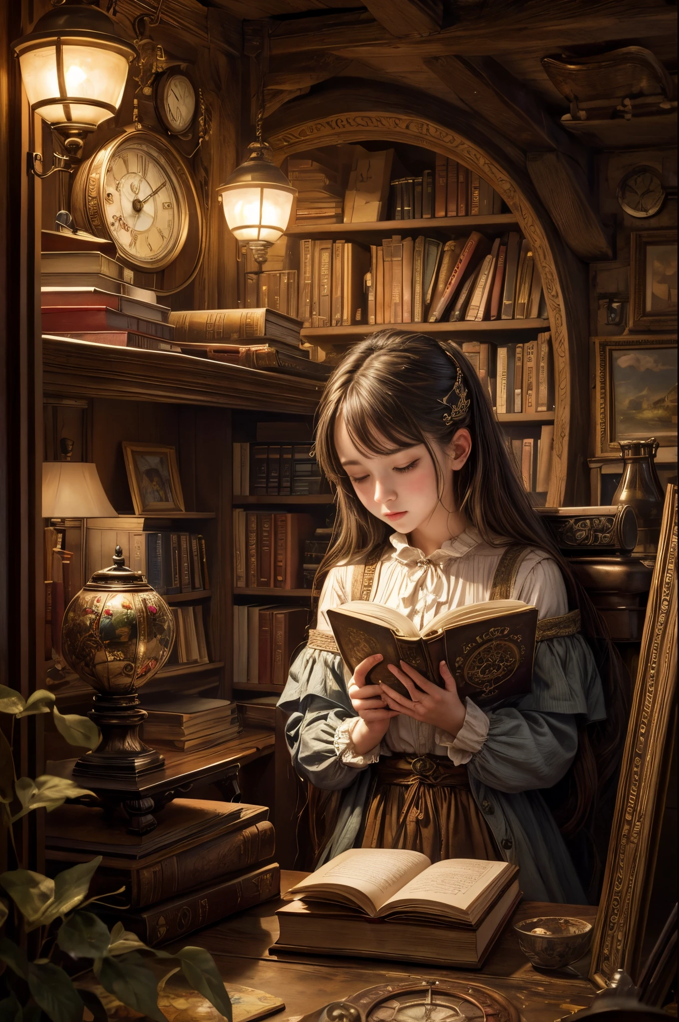 "Photorealistic painting, ((captivating)) scene of a girl absorbed in reading, antique books, cozy hobbit cave, intricate clock with moving gears, ((nostalgic)), detailed, warm palette"