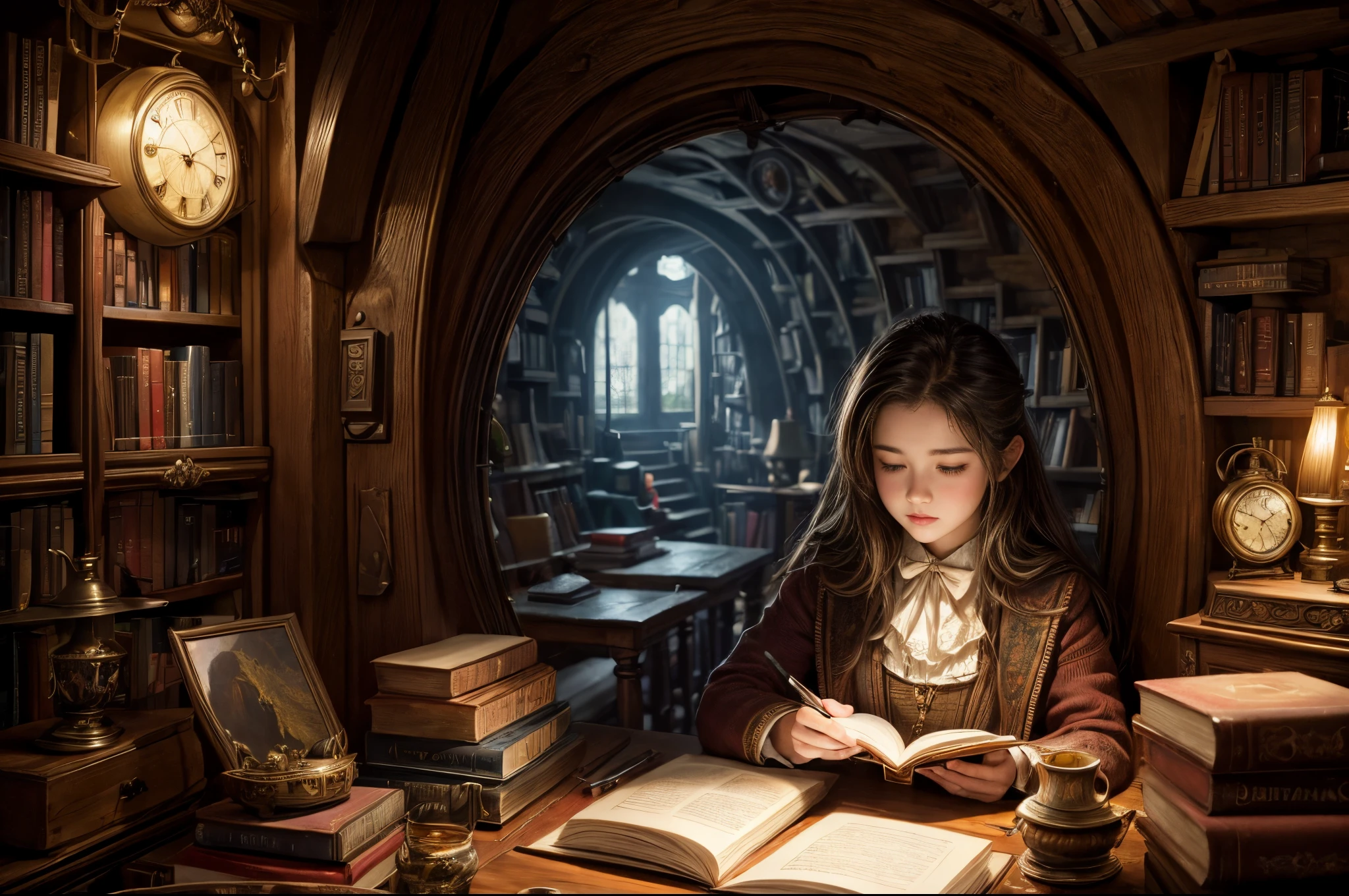 "pintura fotorrealista, ((cautivador)) escena de una niña absorta en la lectura, Libros antiguos, acogedora cueva hobbit, reloj intrincado con engranajes en movimiento, ((nostálgico)), detallado, paleta cálida"