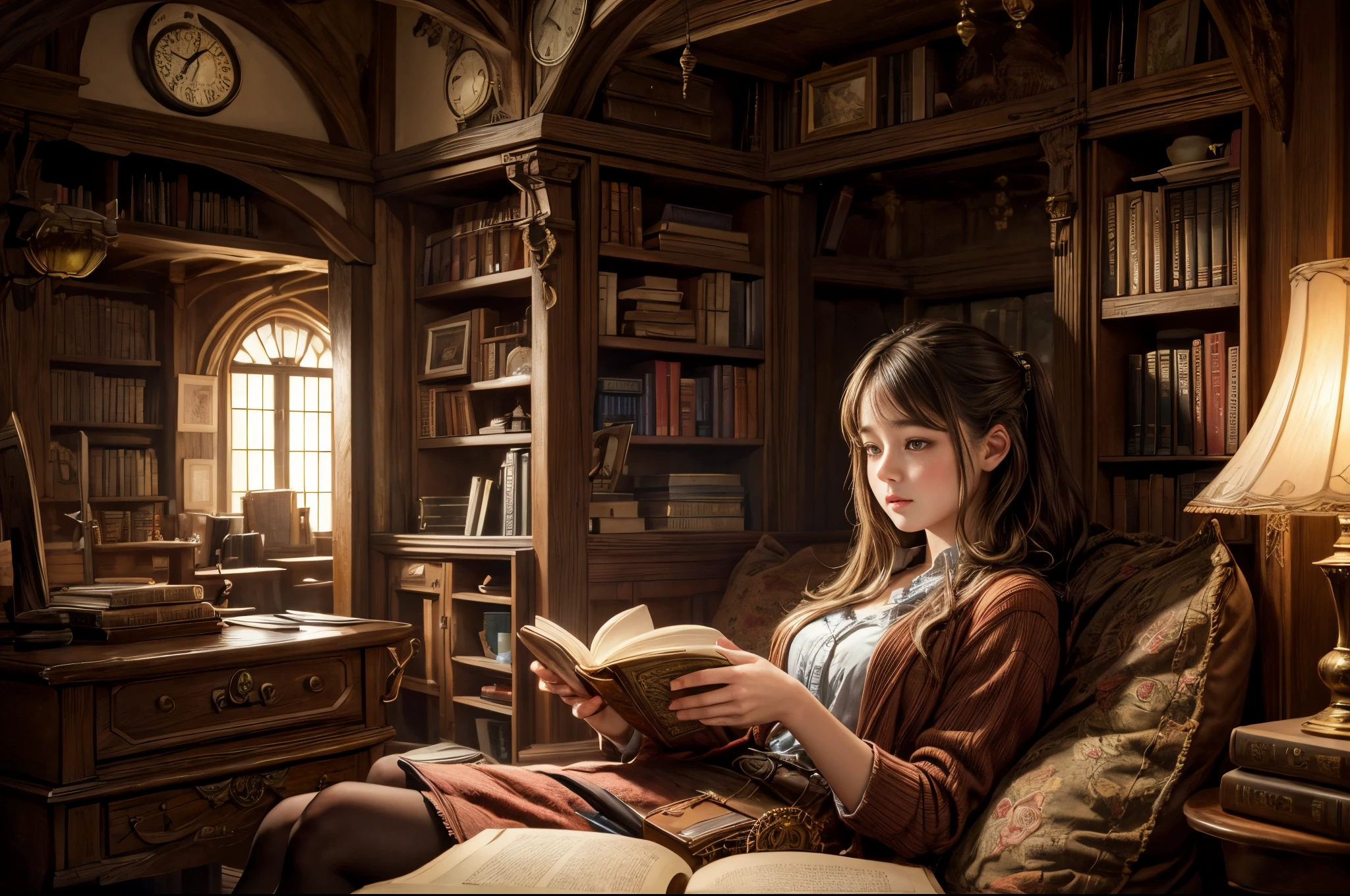 "Photorealistic painting, ((captivating)) scene of a girl absorbed in reading, antique books, cozy hobbit cave, intricate clock with moving gears, ((nostalgic)), detailed, warm palette"