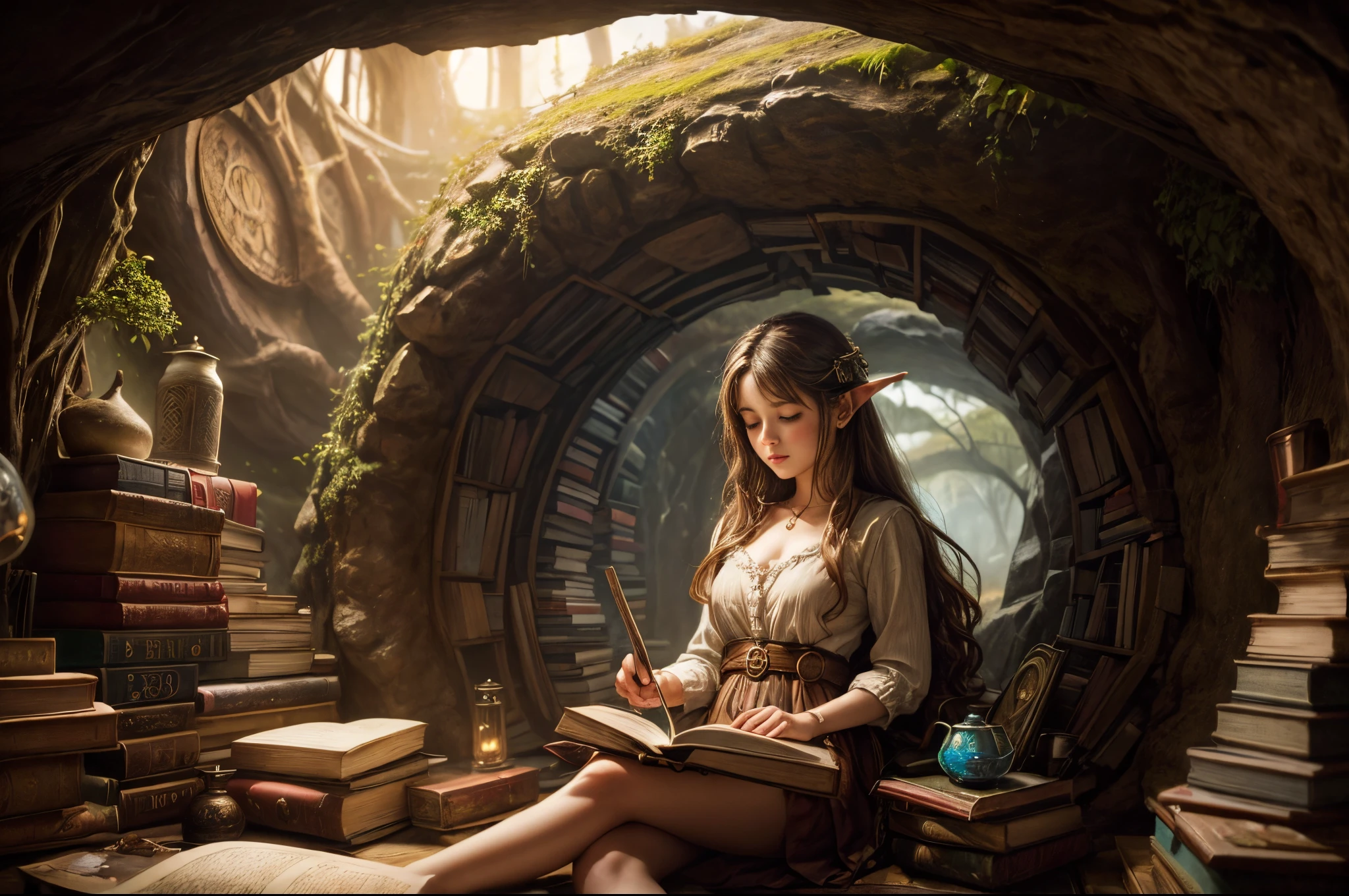 "pintura al óleo, ((soñador)) niña leyendo libros antiguos, luz calida ((dentro de una mística cueva hobbit)), atmósfera mágica, reloj caprichoso, Encantador, acogedor, detallado"