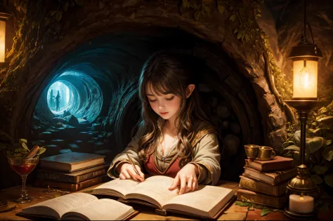 "Oil painting, ((dreamy)) girl reading ancient books, warm light ((inside a mystical hobbit cave)), magical atmosphere, whimsica...