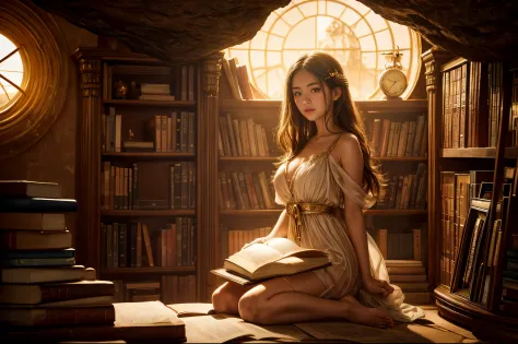 "Photograph, golden hour, ((intimate)) portrait of a girl surrounded by books, sun-kissed cave entrance, ((dreamlike)) clock sus...