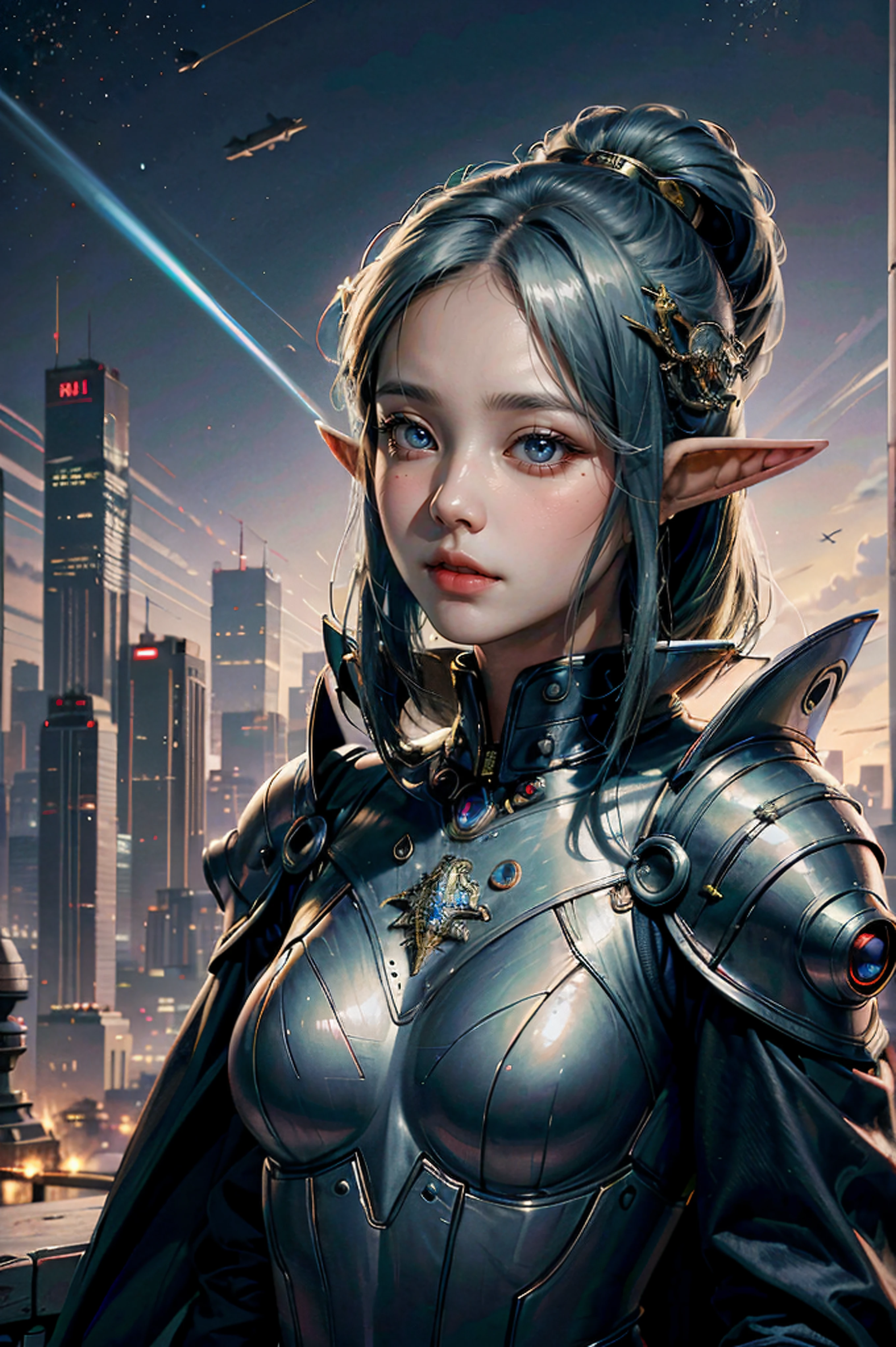 best quality, 8k, highres, masterpiece, ultra-detailed, realistic, photorealistic, photo-realistic, portrait, 1girls, elf in medieval armor, futuristic city, sky, sci-fi background