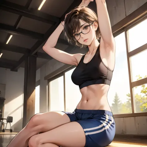 1 girl,Cute girl with glasses doing calisthenics,curly short hair,Brown hair,Slender but big breasts,thin and beautiful legs,tre anatomically correct,Precise fingers,Sit on the floor, stretch,Sportsbra,shortpants,legwarmers,photorealisim,​masterpiece,In th...