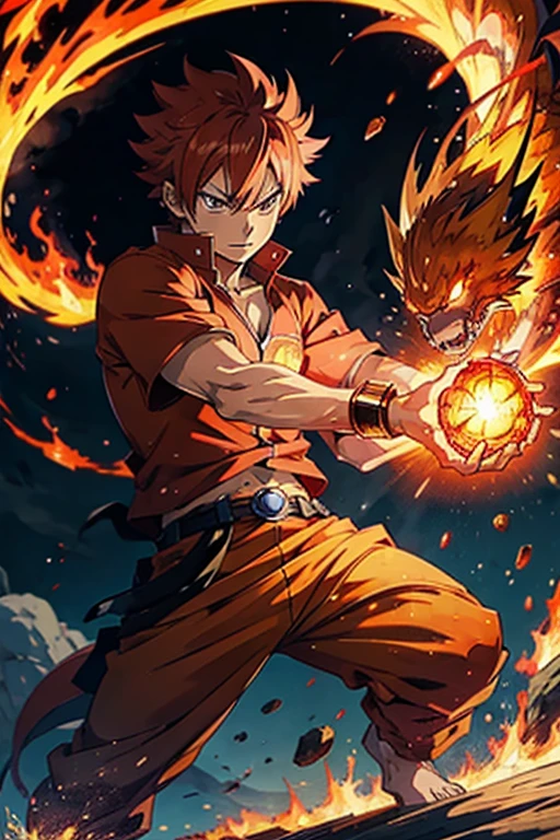 (((Anime style))),, Natsu Dragneel, fighting, Natsu with flame aura, fire dragon background, on the sun, fully clothed, red shirt, expressive eyes, scaly skin, fire fist, handsome face, normal hands