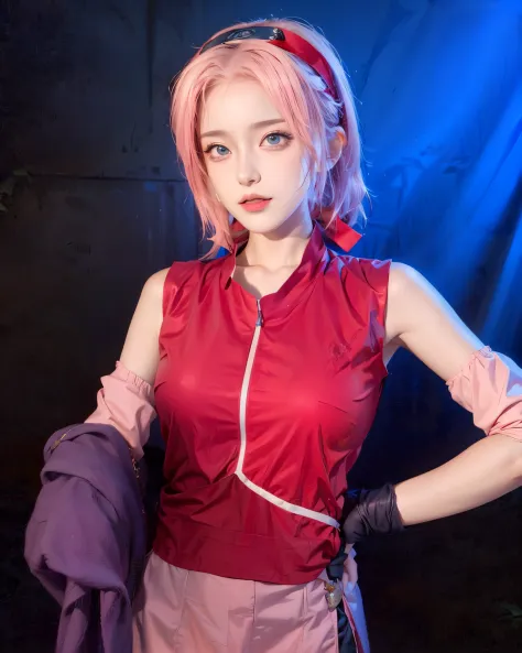 Sakura Haruno , anime in of from realistic  clothes, huge breasts, cleavage, collarbone, medium shot, ((masterpiece:1.2)), ((bes...