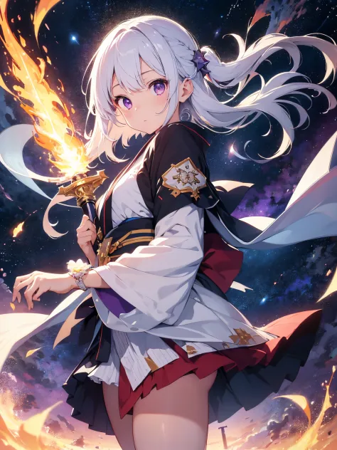 top-quality、Top image quality、​masterpiece、girl with、Beautifully shining stars々Glowing cosmic background、、Girl in Japanese style kimono、Rise up with a shining sword、Fantastic and beautiful、white  hair、Bob Hair、Long sideburns、a purple eye、Mainly exhibiting ...