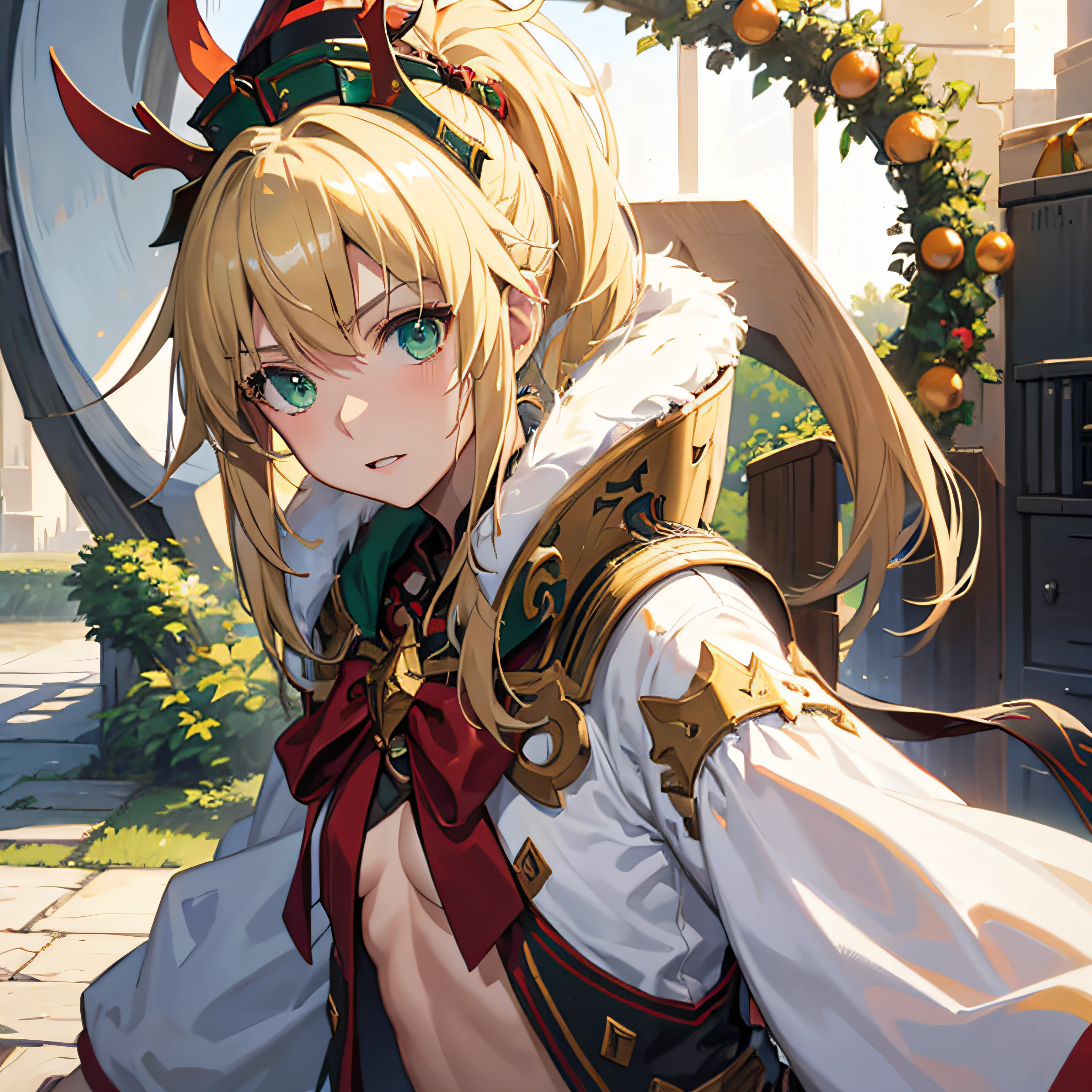 Mordred, Yeux verts, une fille, Queue, Cheveux courts, Christmas has, Destin Grand Ordre, Ultra detailded, High quality, chevalier, armure, cheveux blonds,