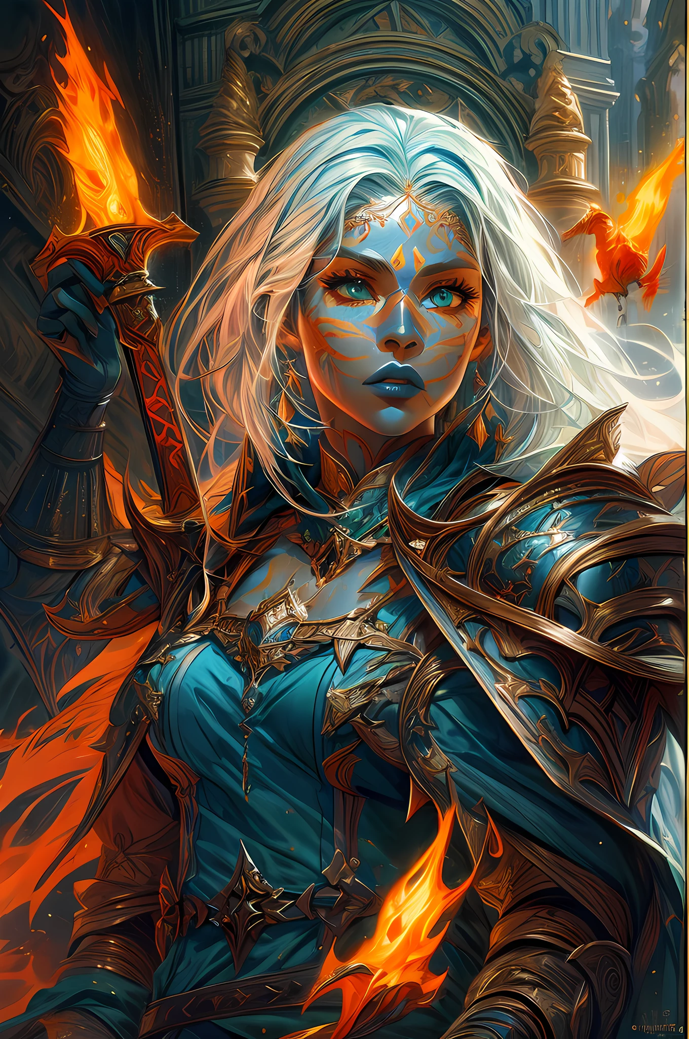 fantasy art, dnd art, RPG art, drkfntasy wide shot, (masterpiece: 1.4) portrait, intense details, highly detailed, photorealistic, best quality, highres, portrait a vedalken female (fantasy art, Masterpiece, best quality: 1.3) (blue colored skin: 1.3), intense details facial details, exquisite beauty, (fantasy art, Masterpiece, best quality)cleric, (blue colored skin: 1.3) 1person blue_skin, (white hair: 1.3), long hair, intense green eye, fantasy art, Masterpiece, best quality) armed a fiery sword red fire, wearing heavy (white: 1.3) half plate mail armor LnF wearing high heeled laced boots, wearing an(orange :1.3) cloak, wearing glowing holy symbol GlowingRunes_yellow, within fantasy temple background, reflection light, high details, best quality, 16k, [ultra detailed], masterpiece, best quality, (extremely detailed), close up, ultra wide shot, photorealistic, RAW, fantasy art, dnd art, fantasy art, realistic art