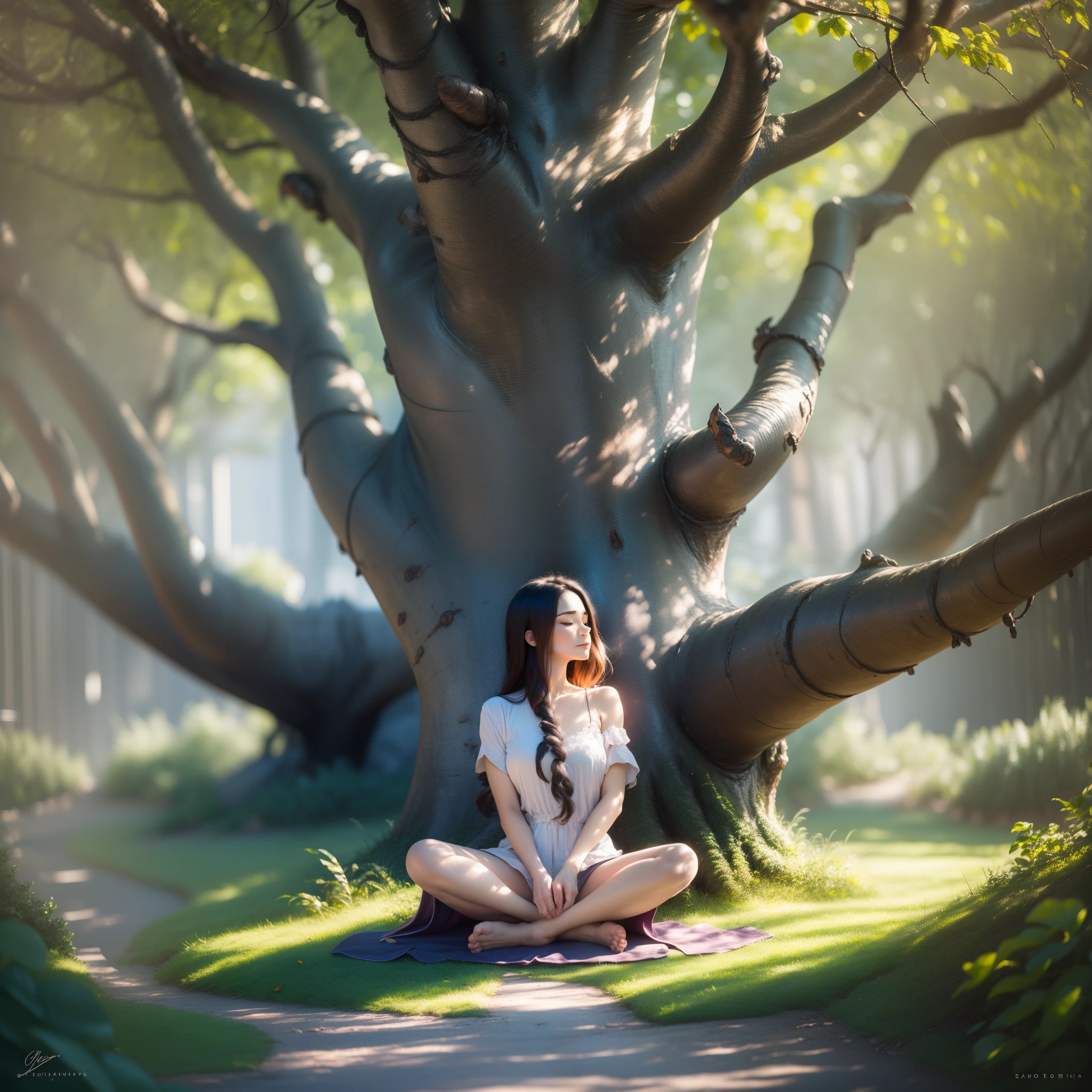 Imagine a majestic tree ahead, its branches reaching out like nature's embrace. Against the backdrop of this image, a serene girl sits in a meditation pose, embodying tranquility. The tree symbolizes strength and growth, while the meditating girl adds a touch of calm and mindfulness. Choose colors that match the atmosphere of your channel, creating a visually appealing and harmonious image. Feel free to customize the details according to your taste --auto --s2