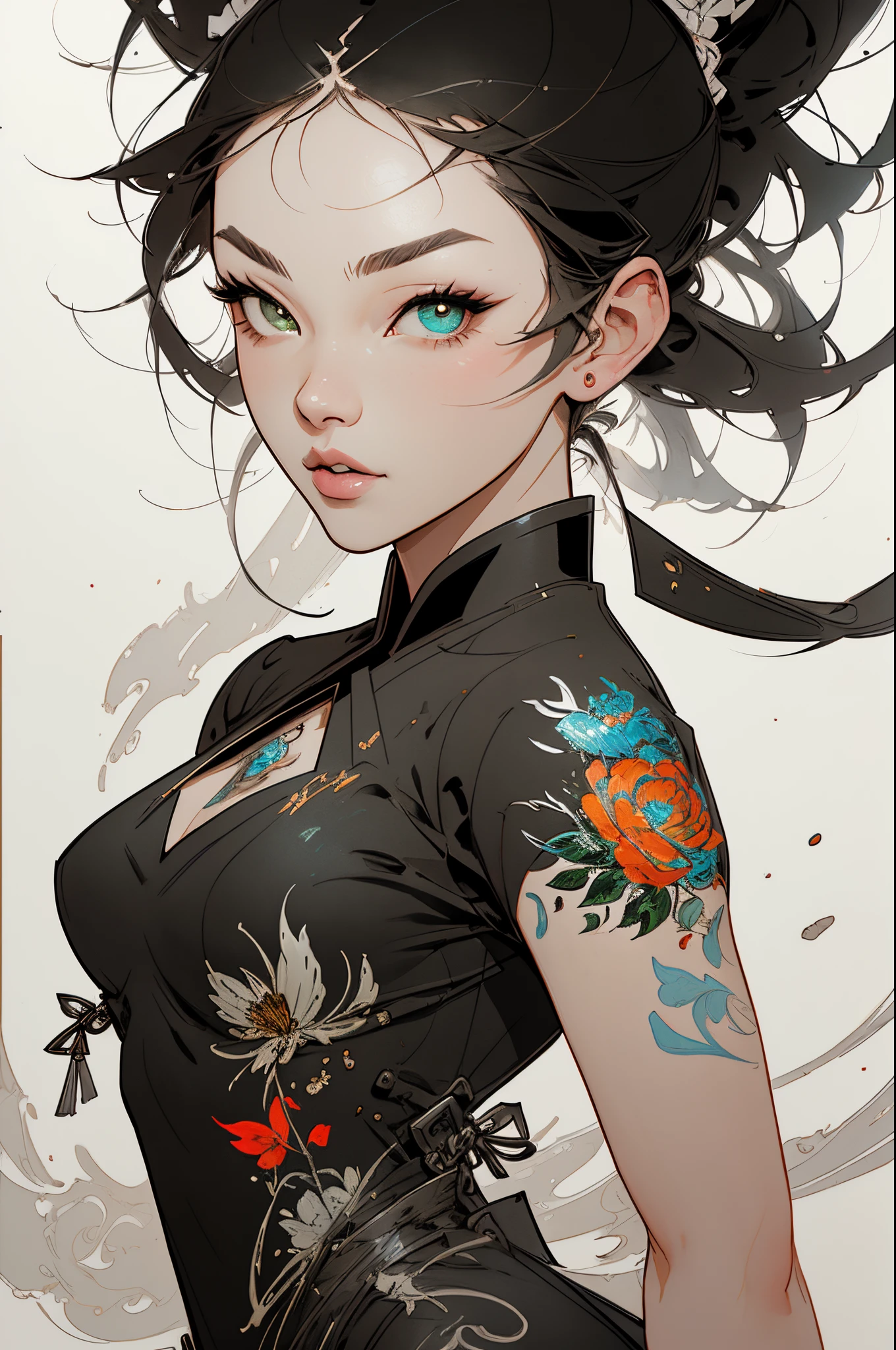 flat design with tattoo effect, Ashley Alexis, Japanese beautiful woman with ponytail, ultra detailed black hairstyle, (beautiful and clear background: 1.2), fantastic paintings, ultra detailed graffiti style, Flowers, T-shirt or dress with a white blouse under the future ultra-detailed gacha, Position, Stained glass color, Fantastic paintings by Joe Madureira, hiquality, super detailed adhesive art, ultra detailed beautiful woman, , showering, digital illustration art, comic style, perfect anatomy, ultra-detailed large chest, centered, approaching perfection, dynamic, Highly detailed, ultra detailed watercolor painting, Artstation, highly detailed concept art, Smooth, sharp-focus, illustartion, artists Griffiths and Vadim Kashin,, anime girl pose alone, short pastel hair, Heterochromia, perfect anatomy, centered, approaching perfection, dynamic, Highly detailed, Character Sheet, Artstation, Concept art, Smooth, sharp-focus, illustartion, artist Kim Jong-gi, Alphonse Mucha's style, artgerm, Flash Griffiths and Vadim Kashin, Sasha Yakovleva, loish, by Jeremy Mann, Full length evening dresses Ultradetailed, Character Sheet, Lightning-fast wave, Beautiful anime watercolor painting, Dripping paint by Tim Okamura, Victor Nizovtsev, by Greg Rutkowsky, Noah Bradley. trend in artstation, 8K, Masterpiece, Graffiti painting, finely detail, full of colors, intricate detials, The Golden Proportion, maximum colors, illustartion, Monochrome green background, Masterpiece, Best Quality, hiquality, hight resolution, Best Quality, High-resolution correction, amazingly bright lighting, detail enhancement, detail enhancement, Various movements and poses, Best Quality, hiquality, hight resolution, detail enhancement, Fantastic atmosphere, hyper quality, the anime, , fantastic paintings, 4k, Masterpiece, hight resolution, absurdress, Natural