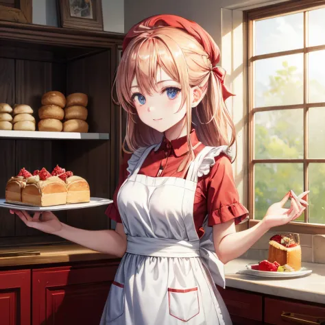 Bakery lady red hat white apron red ribbon