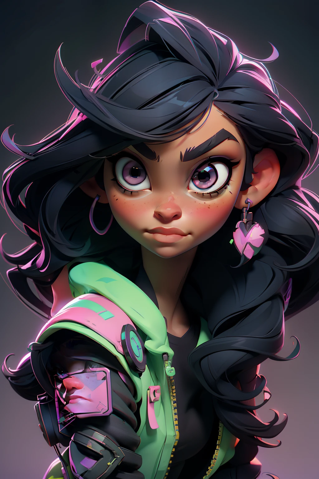 Create a girl ((Sarah Hyland)) with long black hair and brown eyes, thick eyebrows, hacker, monitor, night time, good quality, perfect anatomy, 8k, masterpiece, by (Holaxes), long hair, messy hair, neon, headphones, cyberpunk, neon purple, neon yellow, cyberwave, best Character Design