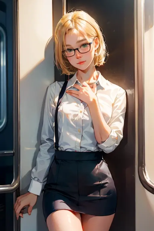 blond woman in glasses leaning against a wall on a train, with glasses, nerdy, hyperrealistic schoolgirl, a hyperrealistic schoo...