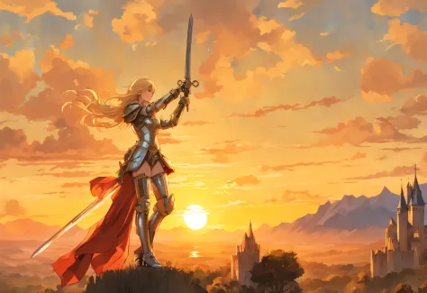 Young woman in medieval metal armor, lifting a sword toward the sky, near a faraway castle at sunset. overlooking a valley, art ...
