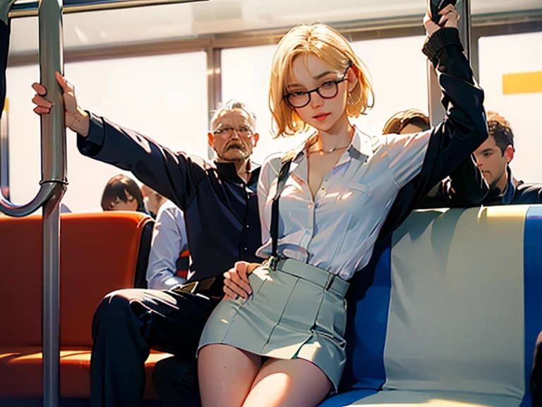 (Masterpiece, best quality, illustration). ((Passenger crowded the train:1.2, night time, low lights, dim lights, extreme high details, overwhelming crowd)). (1 girl wearing white silk open shirt, loose short skirt, glasses, black suspenders stockings, ash blonde hair, very small breasts, thigh gap, slim waist, thigh definition, mole under lips, soft skin, shining skin, slimy liquid over body, wet clothes, open mouth, feeling ecstasy, (arms up, arms behind head)). (( raining inside:1.1, (The old man leaned on his back1.5, Leaning against his chest:1.4)、various poses, (Rub her breasts:1.3)、talking in her ear.、(Another old man held her in his lap、Reach out and touch her crotch:1.4)、Pick her up )). (Ambient lighting:0.2, under exposure:1.8, UHD).