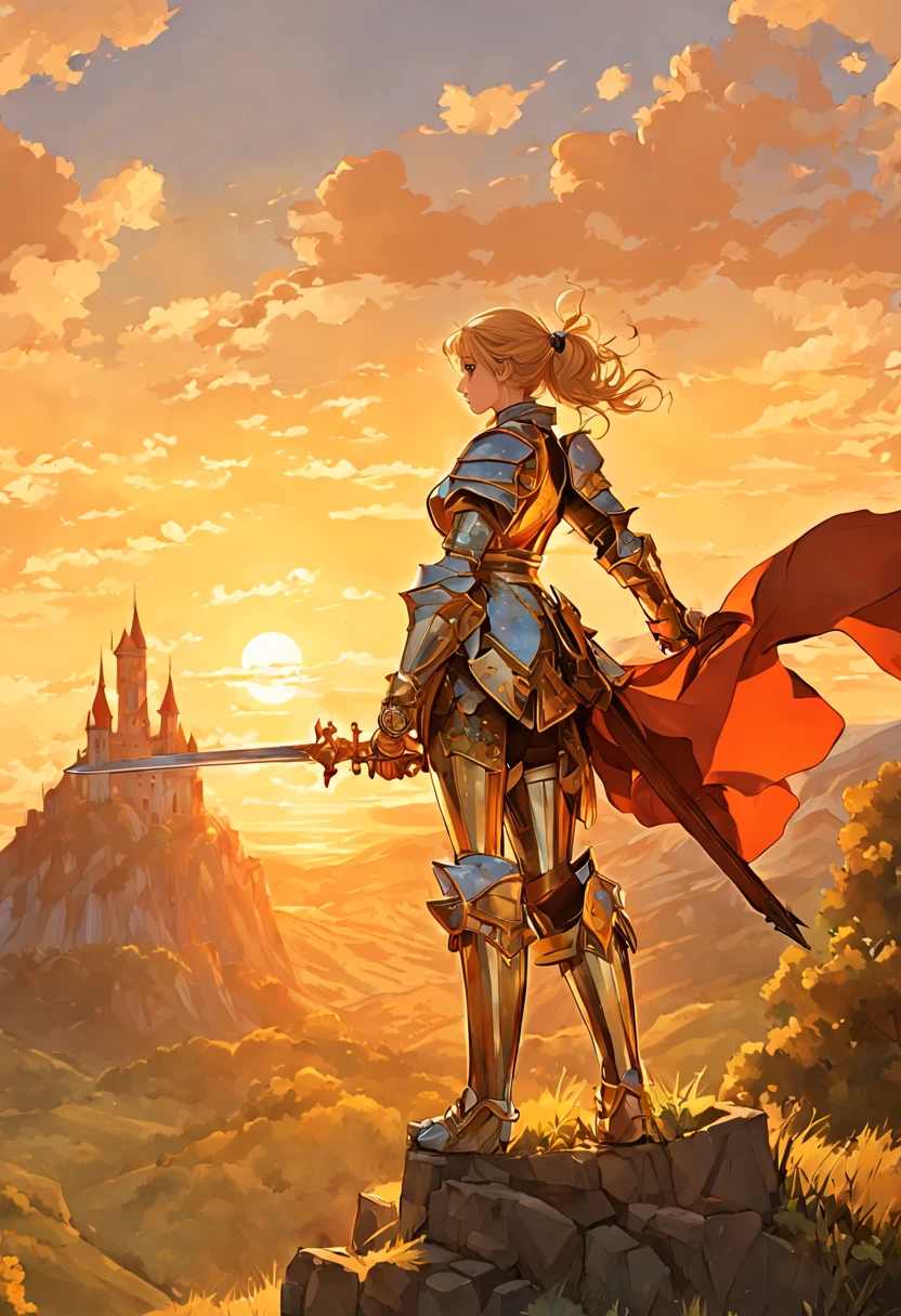 Mulher jovem em armadura de metal medieval, levantando uma espada em direção ao céu, perto de um castelo distante ao pôr do sol. Com vista para um vale, Arte de J..C. Leendecker. arte de anime, estilo anime, chave visual, vibrante, Anime de estúdio, Altamente detalhado